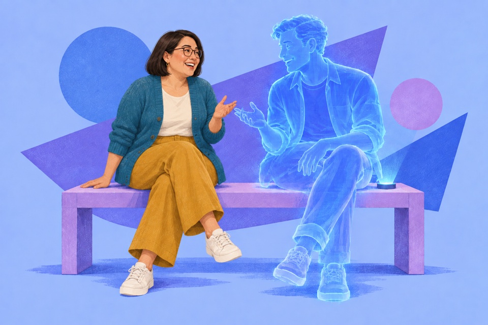 An adult sitting near a clearly digital companion