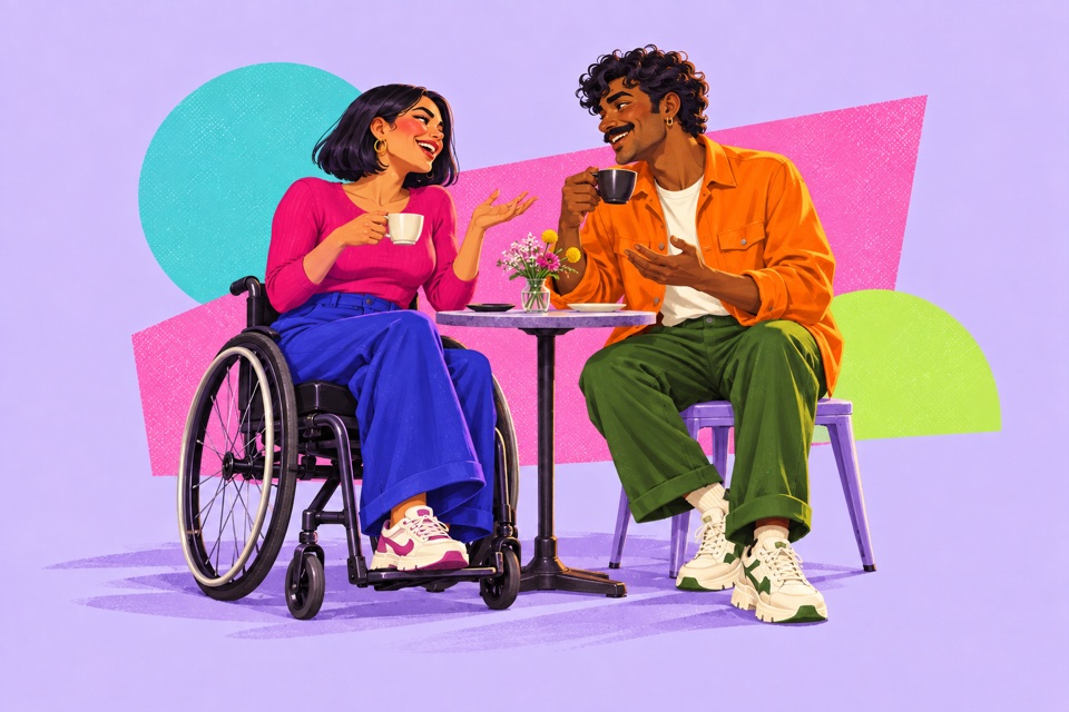 A woman using a wheelchair and a man seated beside her enjoying coffee together