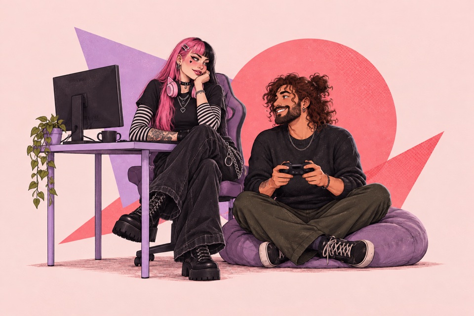 Two adults with gaming accessories and a simple desk