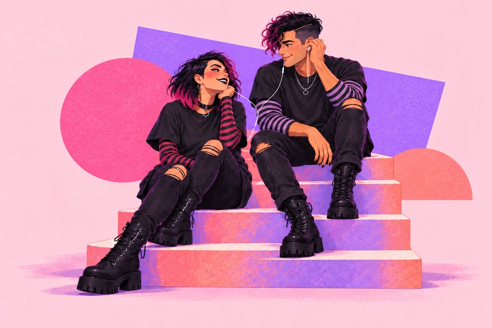 Two adult emo music fans sitting on softly coloured steps