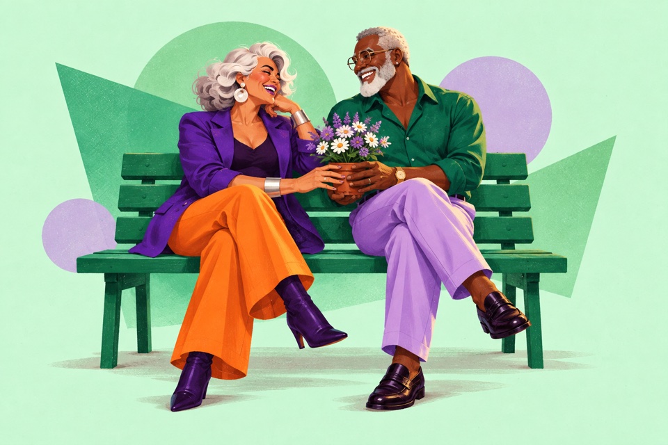 An older couple sharing a pot of flowers on a bench