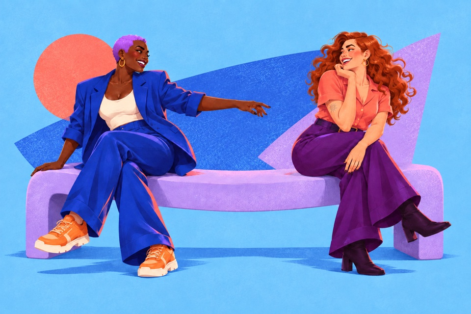 Two women sharing a relaxed moment on a curved bench