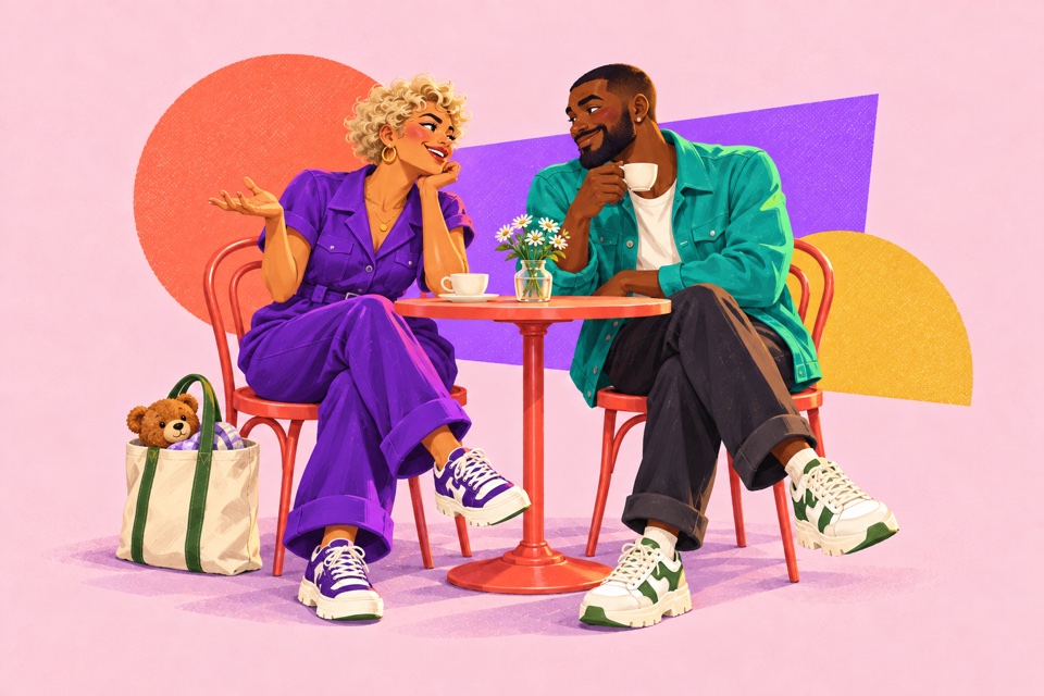 Two adults on a coffee date with a parent’s tote beside the table